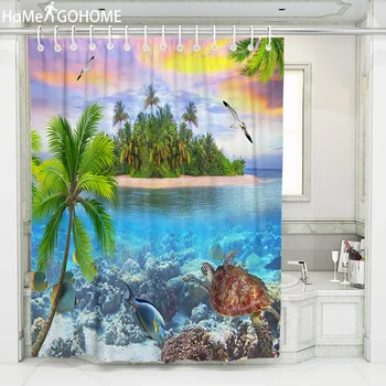 

Seascape Shower Curtain 3D Coconut Tree Turtle Waterproof Polyester Fabric Bathroom Shower Curtain Cheap Bath Curtain with Hooks