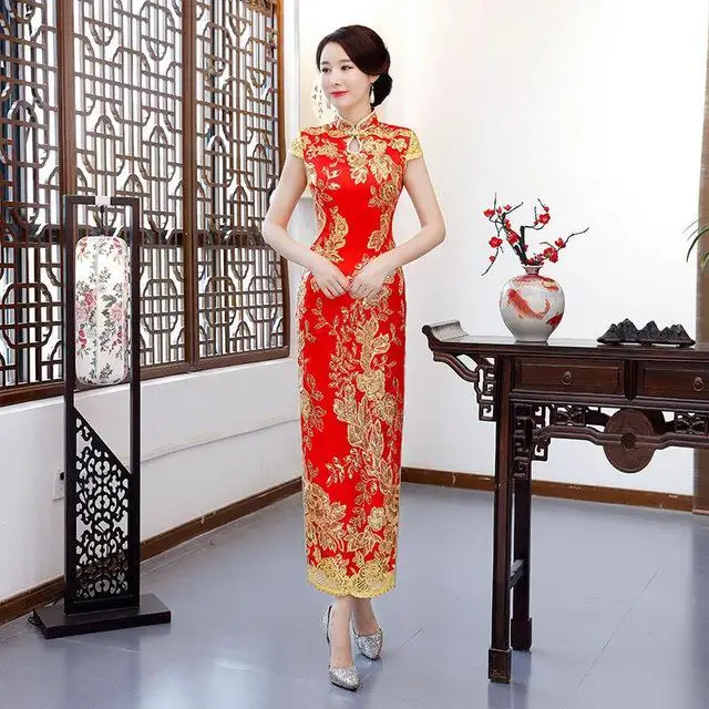Восточное вечернее платье оверсайз китайский стиль женское элегантное Qipao сексуальное длинное платье ретро Vestidso блестки ярко-розовый Cheongsam - Цвет: Red