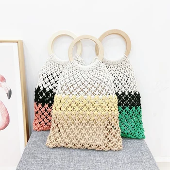 

Fashion Bohemian Women's Wooden Handle Handbag Straw Leisure Woven