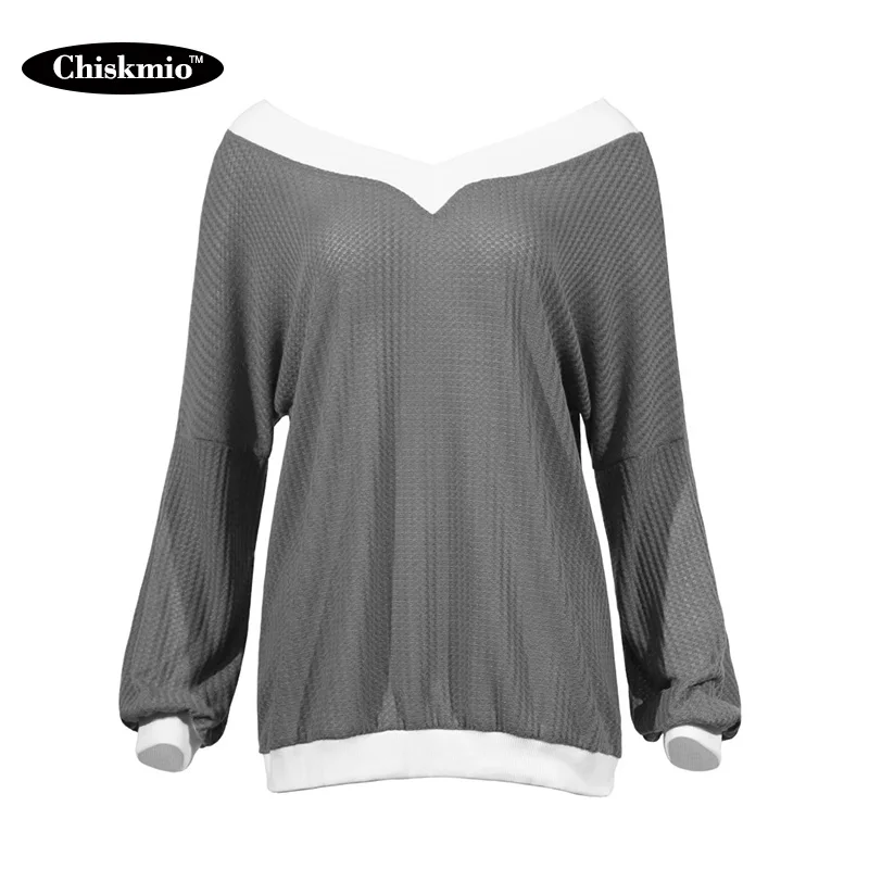 Chiskmio V-neck Off-shoulder Knitted Tops Women Sweater White Edge Pullovers Long-Sleeved Knitwear Women's Clothing | Женская одежда