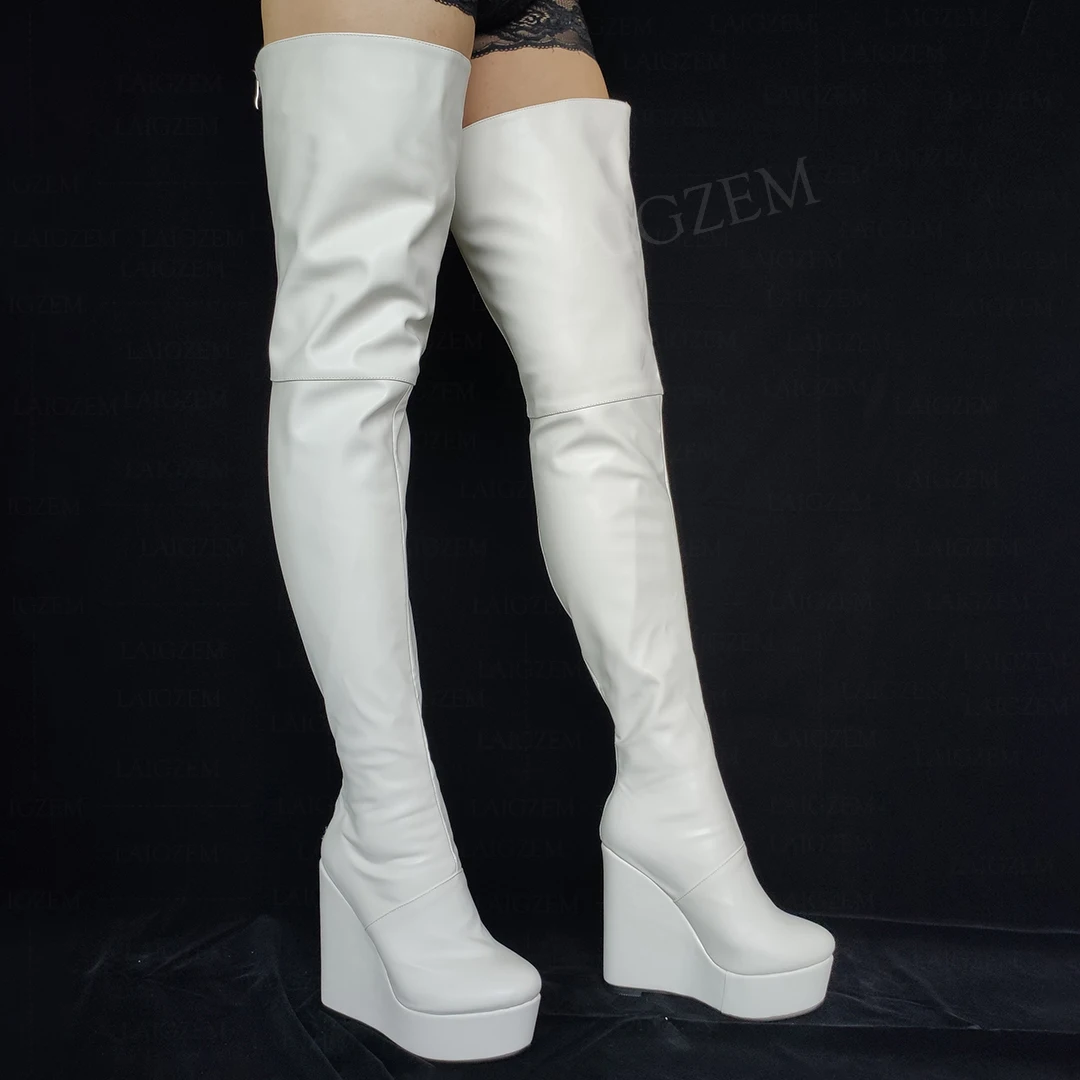 Women Thigh High Boots Platform Wedges Full Zip Round Toe Over