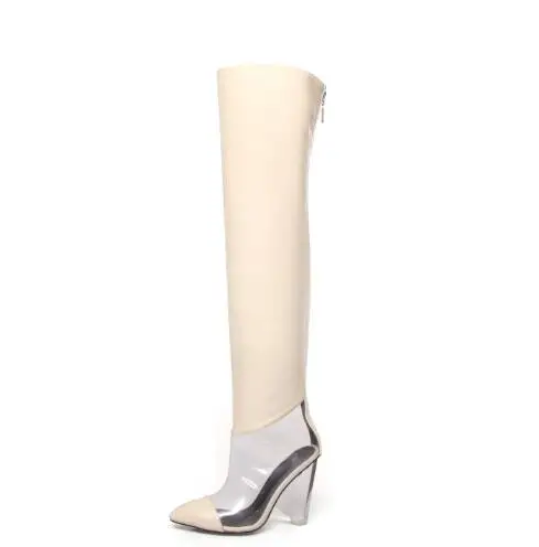 Серебристые, черные, белые женские Сапоги выше колена из ПВХ с острым носком в стиле пэчворк, с прозрачными кристаллами, на не сужающемся книзу массивном каблуке-шпильке, на молнии