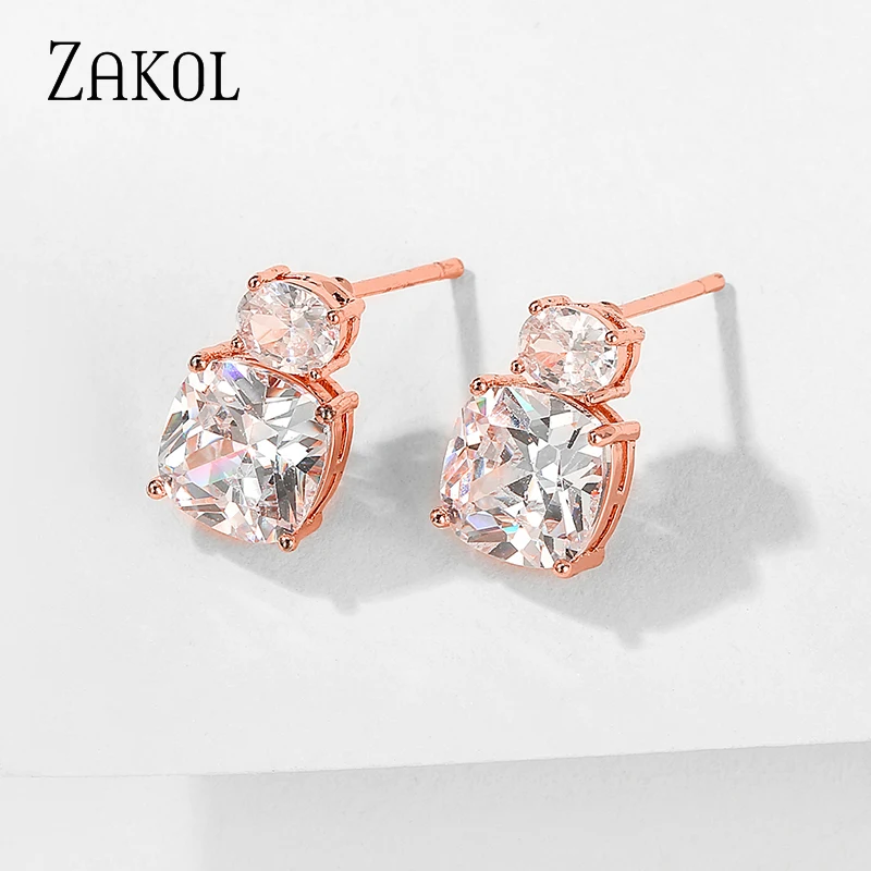 ZAKOL Trendy Crystal Bridal Earrings for Women Accessories Simple Blue White Square Cz Zirconia Stud Earrings Jewelry