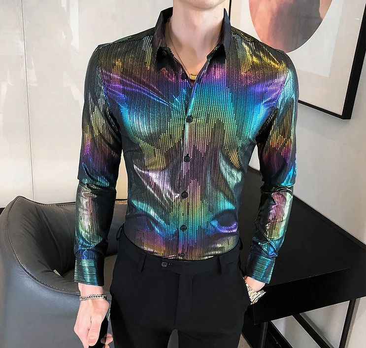 

Shiny Nightclub Stage Sequins Shirt Mens Dress Autumn Button Down Slim Fit Long-sleeve Glitter Men Shirts Asian Sizes Streetwear
