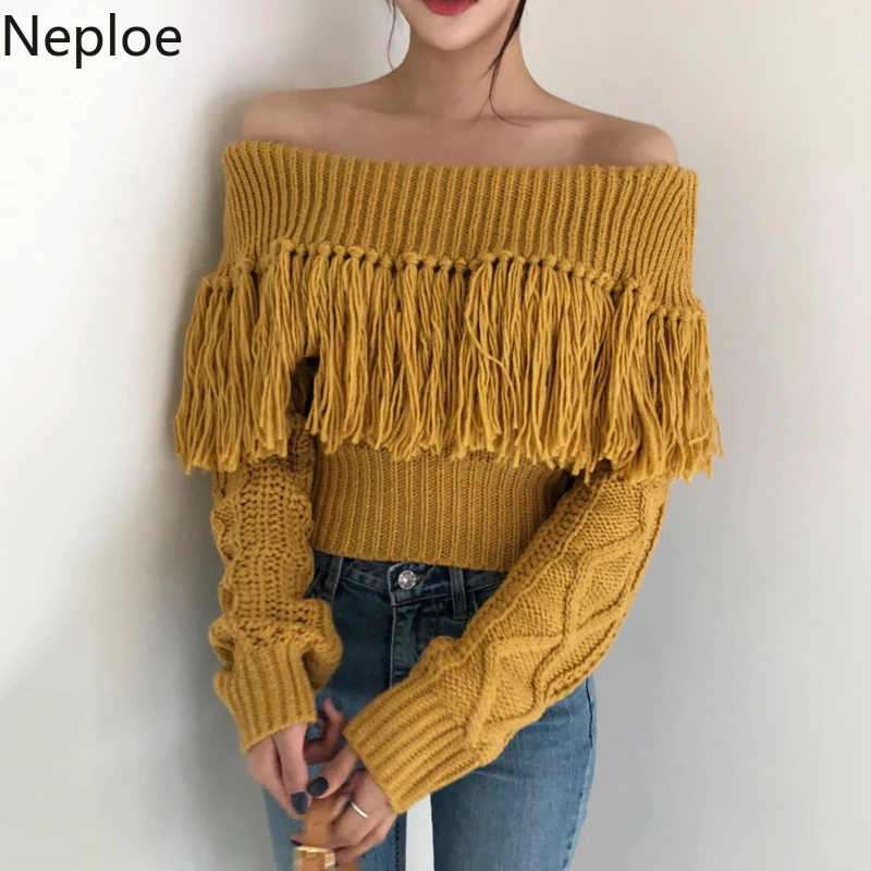Neploe Ins, Ретро стиль, сексуальный, без бретелек, на плечах, с вырезом лодочкой, вязаный свитер, дизайн с кисточками, крученый пуловер, однотонный, Outewar, Pull Femme Hiver