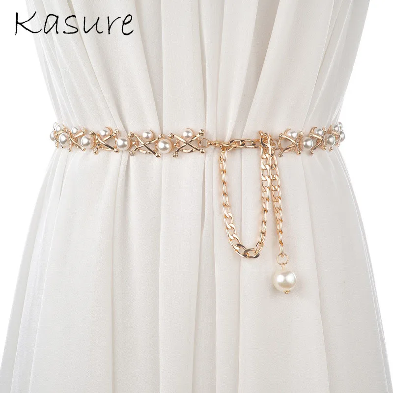 KASURE Womens Fashion Chain Belt With Rhinestones Pearl Wedding Waist Belt Decoration For Dress Skirt