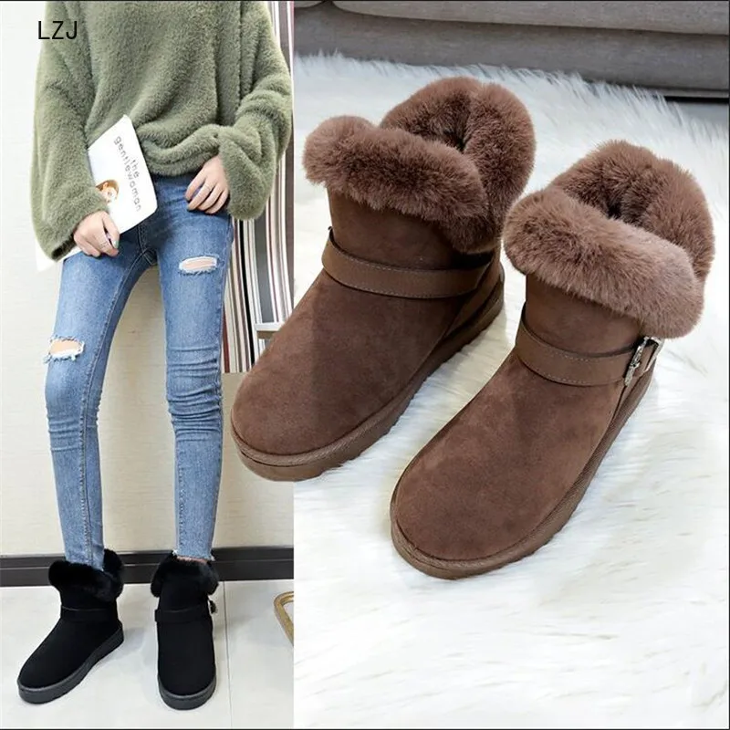 

LZJ 2019 Women Snow Boots Warm Short Fur Plush Winter Ankle Boot Solid Color Ladies Suede Female Comfort Women Boots Size 36-40