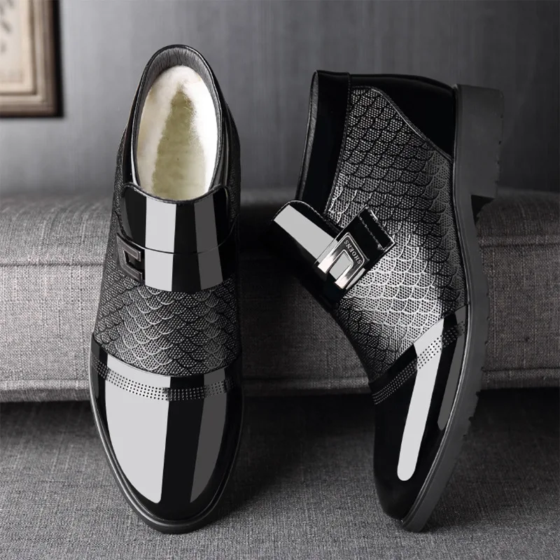 

Genuine Leather Shoes Men Winter Boots Warm Plush Fur Shoes Brand Mens Business Shoes Black Ankle Boots Footwear KA2054