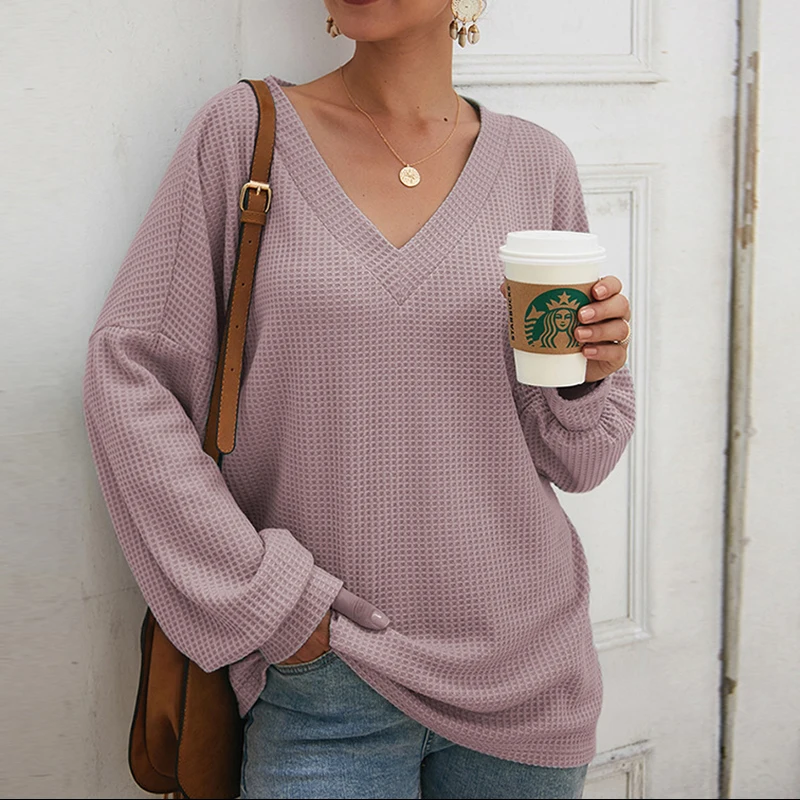 2020 Spring Sweater Women Solid Casual Long Sleeve Waffle Knitted Loose V Neck Pullover Jumper Tops Jersey Mujer | Женская одежда