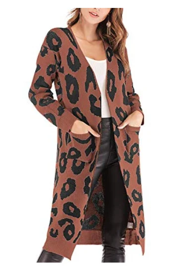 Женский длинный кардиган, Леопардовый вязаный длинный открытый перед, повседневный вязаный свитер макси с принтом, пальто, верхняя одежда с карманами ouc587 - Цвет: Coffee
