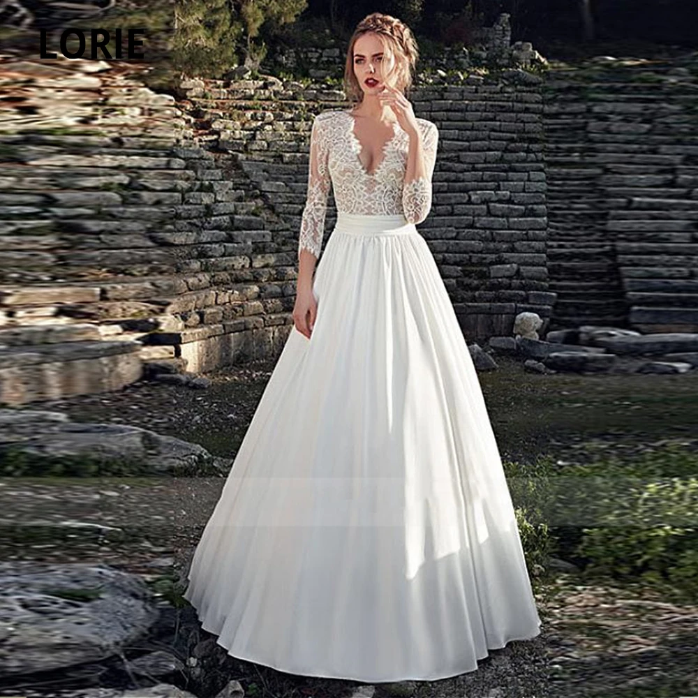

Booma Chiffon Wedding Dresses Lace Appliques Boho Bridal Gowns Beach V-neck 3/4 Sleeve Vintage Wedding Party Dress Plus Size