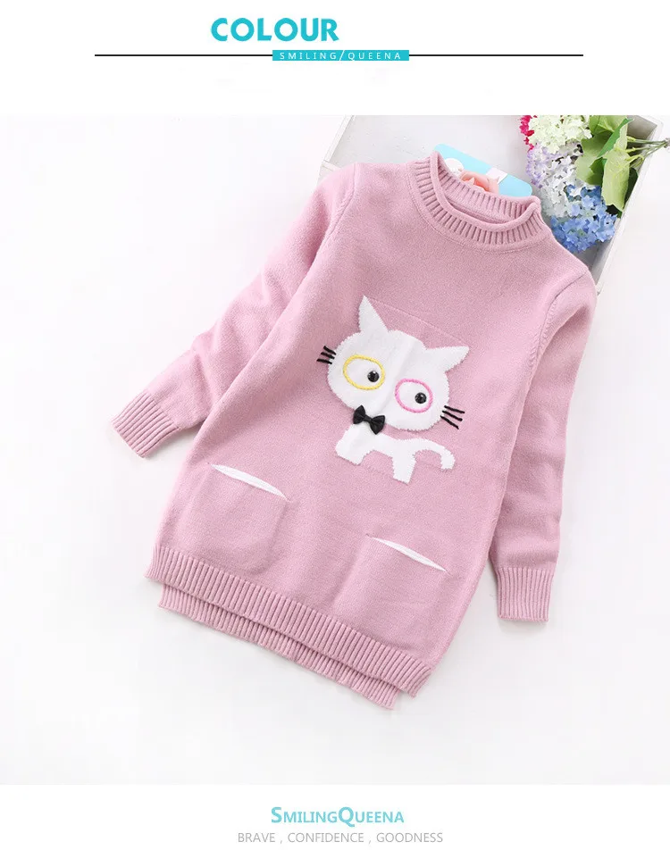 Пуловер с высоким воротником для больших девочек; зимние теплые свитера; свитеры для маленьких девочек 3, 4, 6 От 8 до 10 лет; бархатная Осенняя детская одежда с рисунком кота
