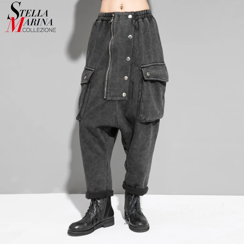 Новинка, корейский стиль, полная длина, женские длинные Гаремные тренировочные брюки, эластичная резинка на талии, сбоку, с карманом, женские теплые спортивные штаны, брюки J204
