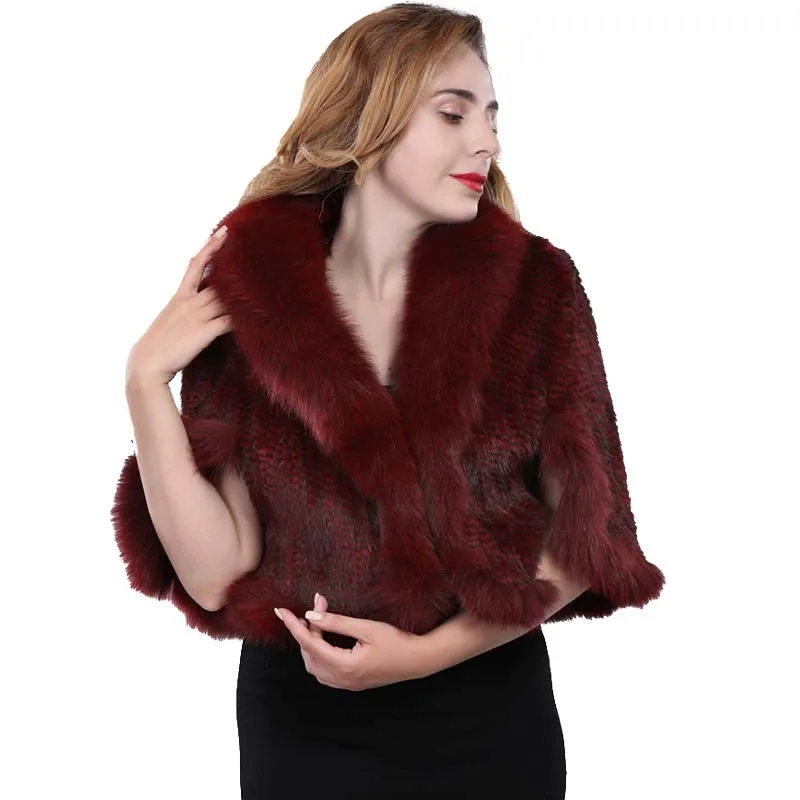 Wine Red Леди настоящий норковый меховой плащ пальто для женщин натуральный Лисий меховой воротник пончо с рукавом Черный Кофе Фиолетовый Вино Красный - Цвет: Wine Red