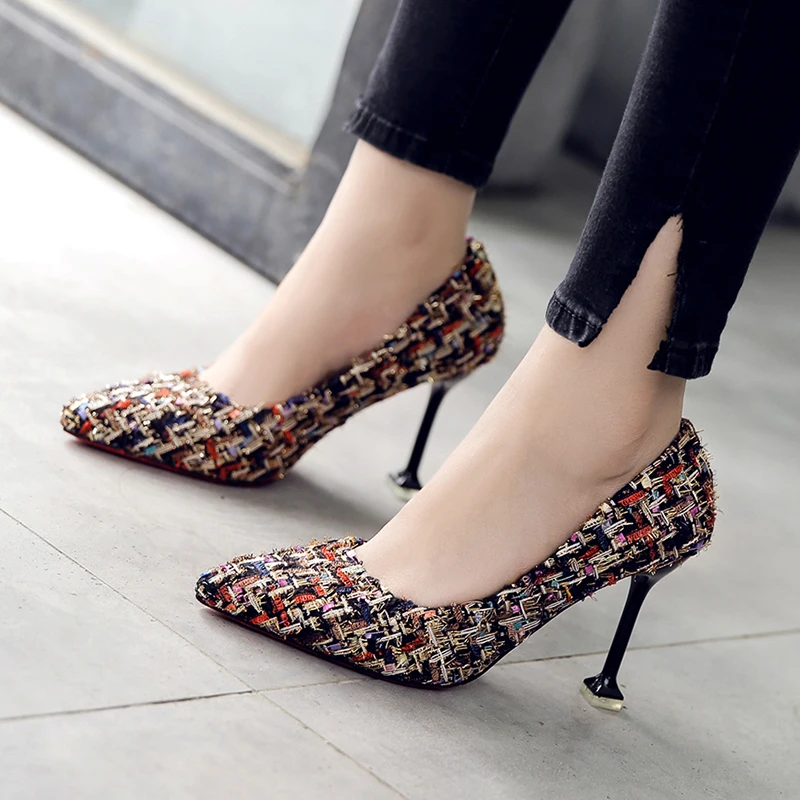 Черный Women Dress Shoes Tweed Pumps Supper High Heels Ladies Shoes Ol Office Lady Shoes Plaid Wool Basic Pumps zapatos mujer N7798 - Цвет: Черный