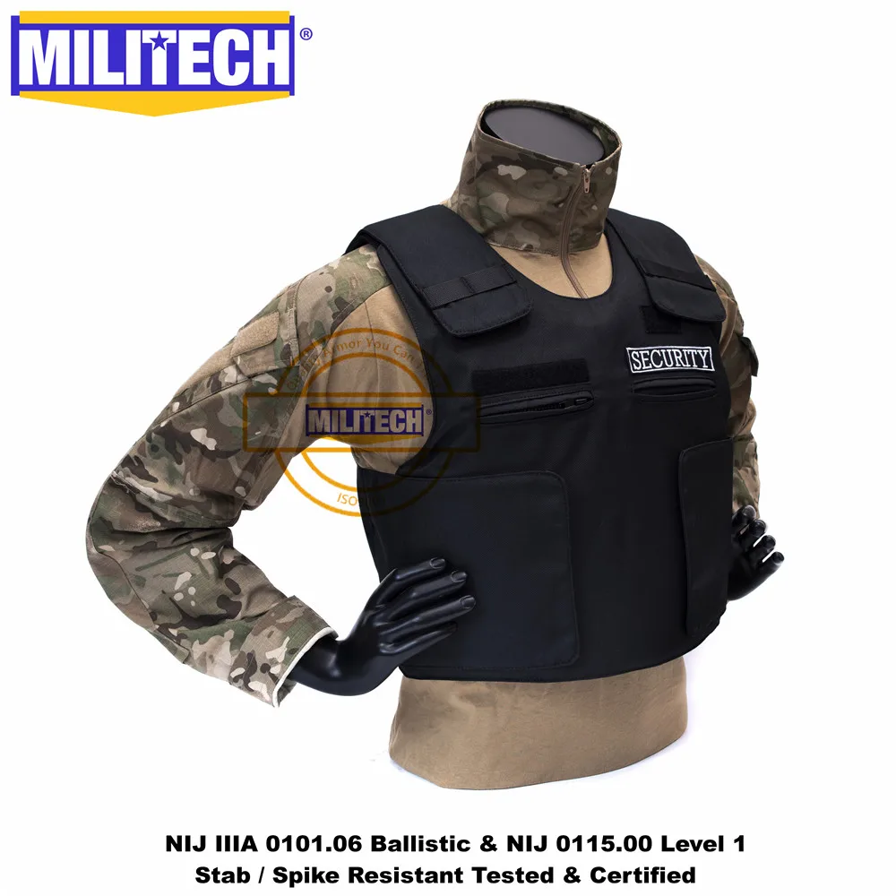 Militech Black NIJ IIIA 3A and Level 1 Stab Security Style Twaron
Aramid Bulletproof Vest Ballistic Bullet Proof Vest
