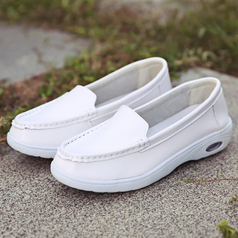 PU Leather Women Casual Flats Shoes Nurse Shoes Black White Air Cushion Sneakers Shallow Breathable Solid Slip-on Loafers Female
