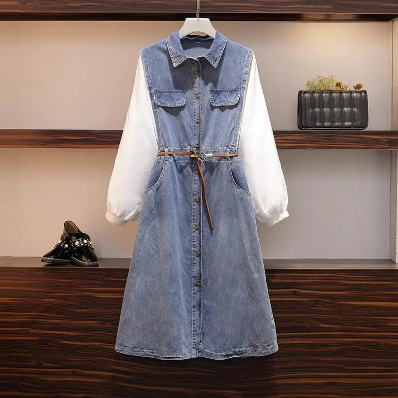 L-5XL Plus size Women's Denim Dress Autumn Long Sleeve Femme Loose Patchwork Dress 4XL Large Size Casual Blue Denim Dresses