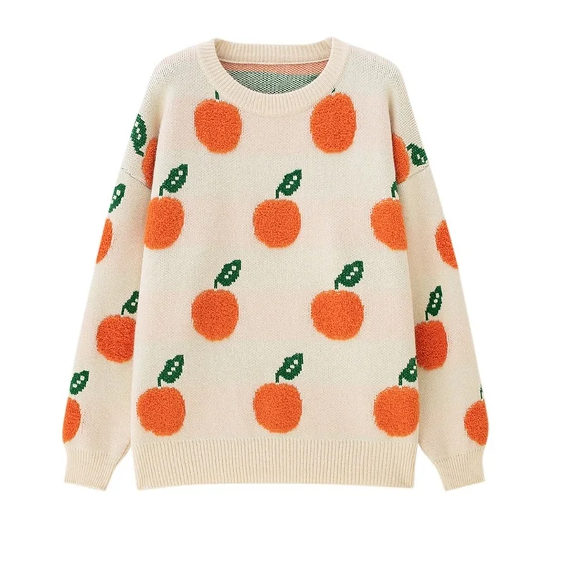 

Winter Women Vintage Sweater Thick Warm Knit Pullovers Christmas Colorful Long Sleeve Orange Printed Knitted Casual Loose Top