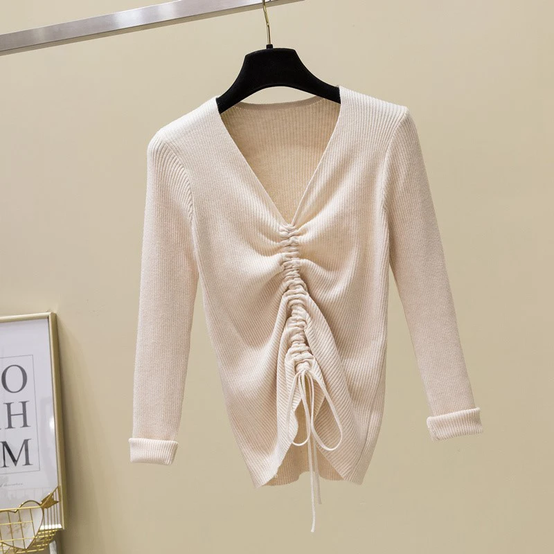 

LJSXLS 2020 Autumn Winter New Sexy V-neck Knitted Pullover Slim Sweater Women Drawstring Long Sleeve Sweters Soft Woman Clothes