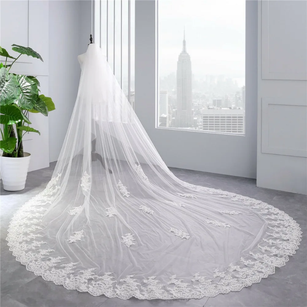 

New Real Picture 1L 3M Long Cathedral Wedding Veils Lace Applique White Ivory Bridal Veil Wedding Accessories With Comb