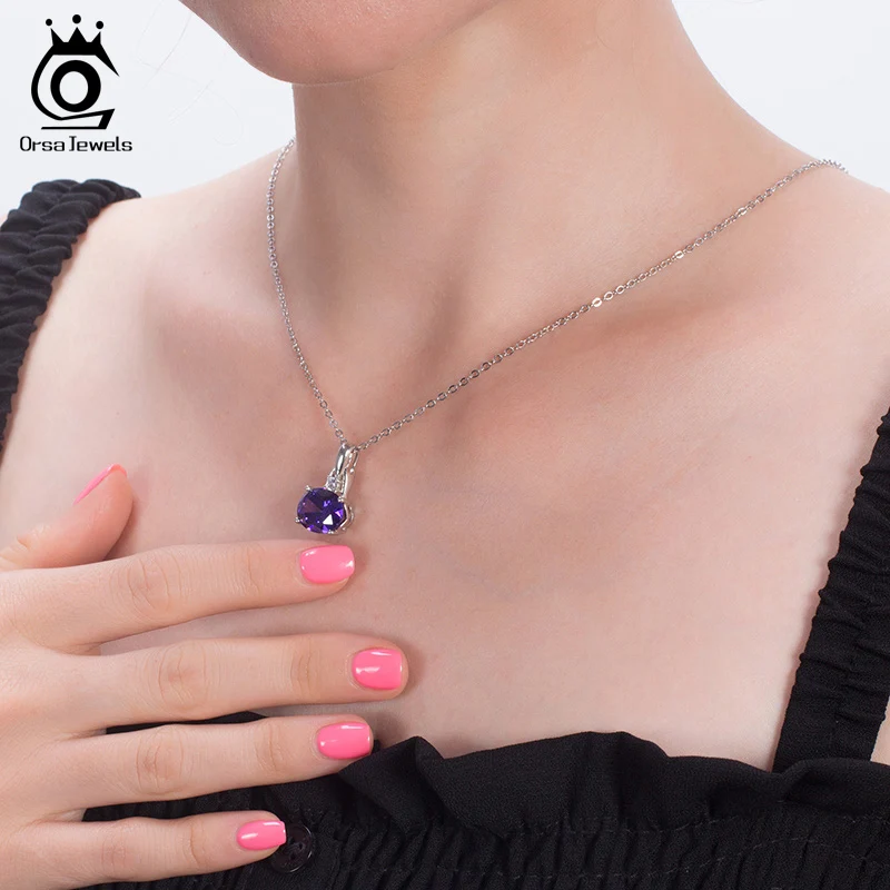 ORSA JEWELS Настоящее 925 фиолетовое скользящее овальное ожерелье с кулоном высшего класса циркониевое Стерлинговое Серебро ожерелья вечерние изысканные ювелирные изделия SN203