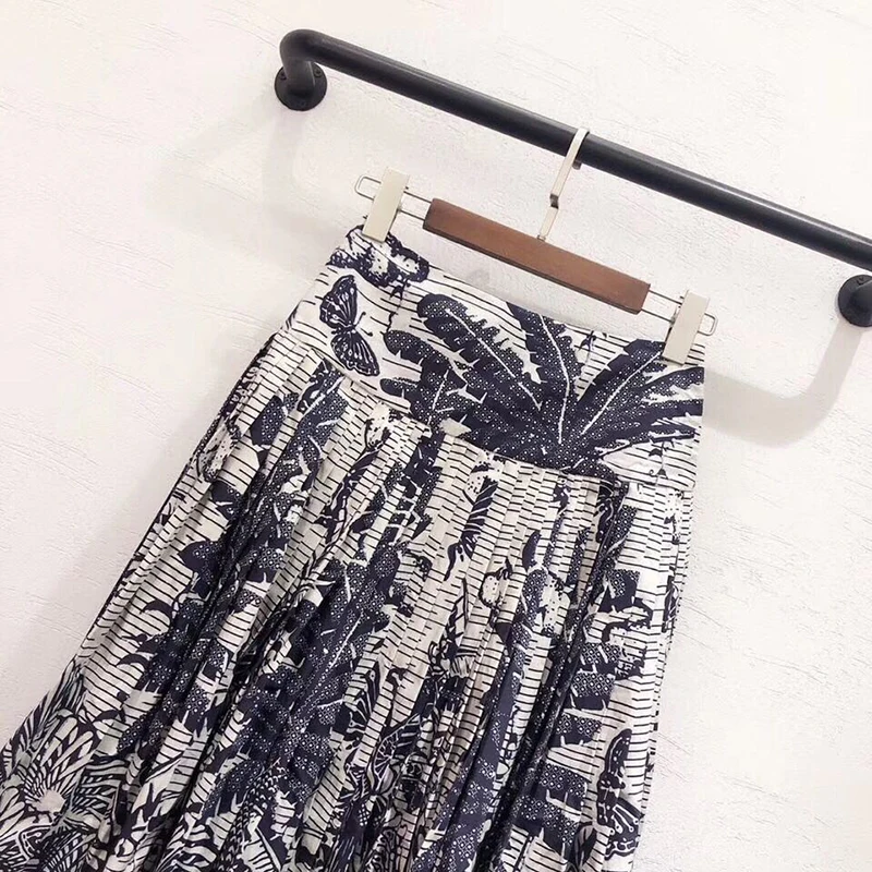 LINGHAN Coconut pattern printing high waist pleated skirt spring summer high quality pleated skirt women's Leisure cotton skirt