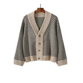 

FORYUNSHES Knitted Striped Cardigan Sweater Women Fashion Top Spring 2020 Long Sleeve Casual Outwears V Neck Buttons Coat