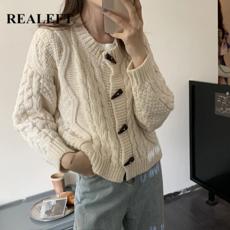 REALEFT 2020 New Vintage Knitted Cardigan Sweater Autumn Winter Korean Stylish Long Sleeve Casual Loose Women's Knitting Coat |