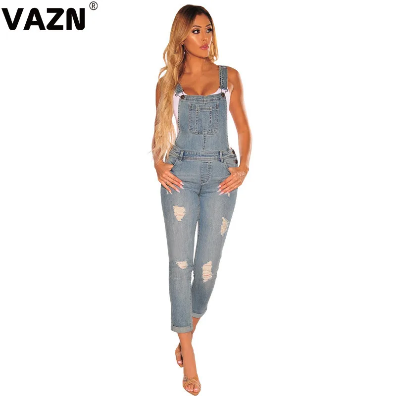 Light blue VAZN GHSF19249 возраст снижение Untidy Мода Офис Повседневный для шутника крест спагетти ремень женский длинный карандаш нагрудник джинсы брюки - Цвет: Light blue