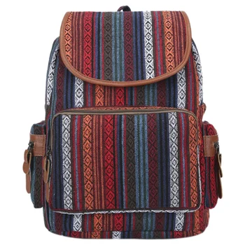 

Women National Style Canvas Wide Shoulder Strap Bucket Fashion Wild Simple Printing Travel Backpack Red