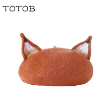 Лиса ухо Берет шерстяной фетровая шляпа ручной работы кошка уха художника шапка грибовидной формы унисекс мультфильм шерсть Открытый теплый плюс бархат берет