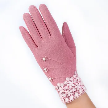 

2019 Women Winter Gloves Women Fashion Warm Cotton Touch Screen Wrist Gloves Flower Lace Bowknot Mittens