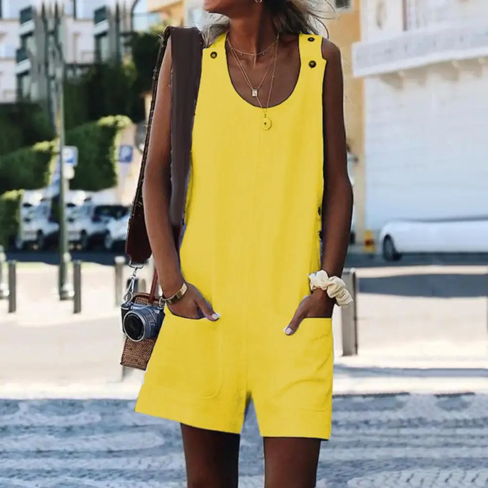 Mono de talla grande para mujer, peto sin mangas de algodón y lino de Color liso, pantalones cortos, monos con botones para mujer