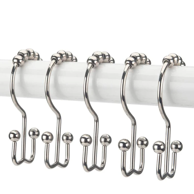 6Pcs Stainless Steel Bath Curtain Rollerball Hooks Double Glide