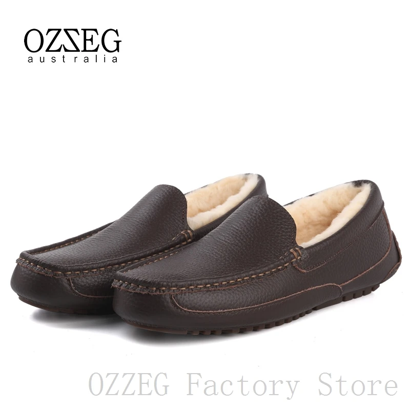 OZZEG/Роскошная брендовая Дизайнерская обувь; Мужские Зимние Мокасины из натуральной кожи; австралийская подкладка из натуральной овечьей шерсти; лоферы; повседневная обувь - Цвет: Coffee