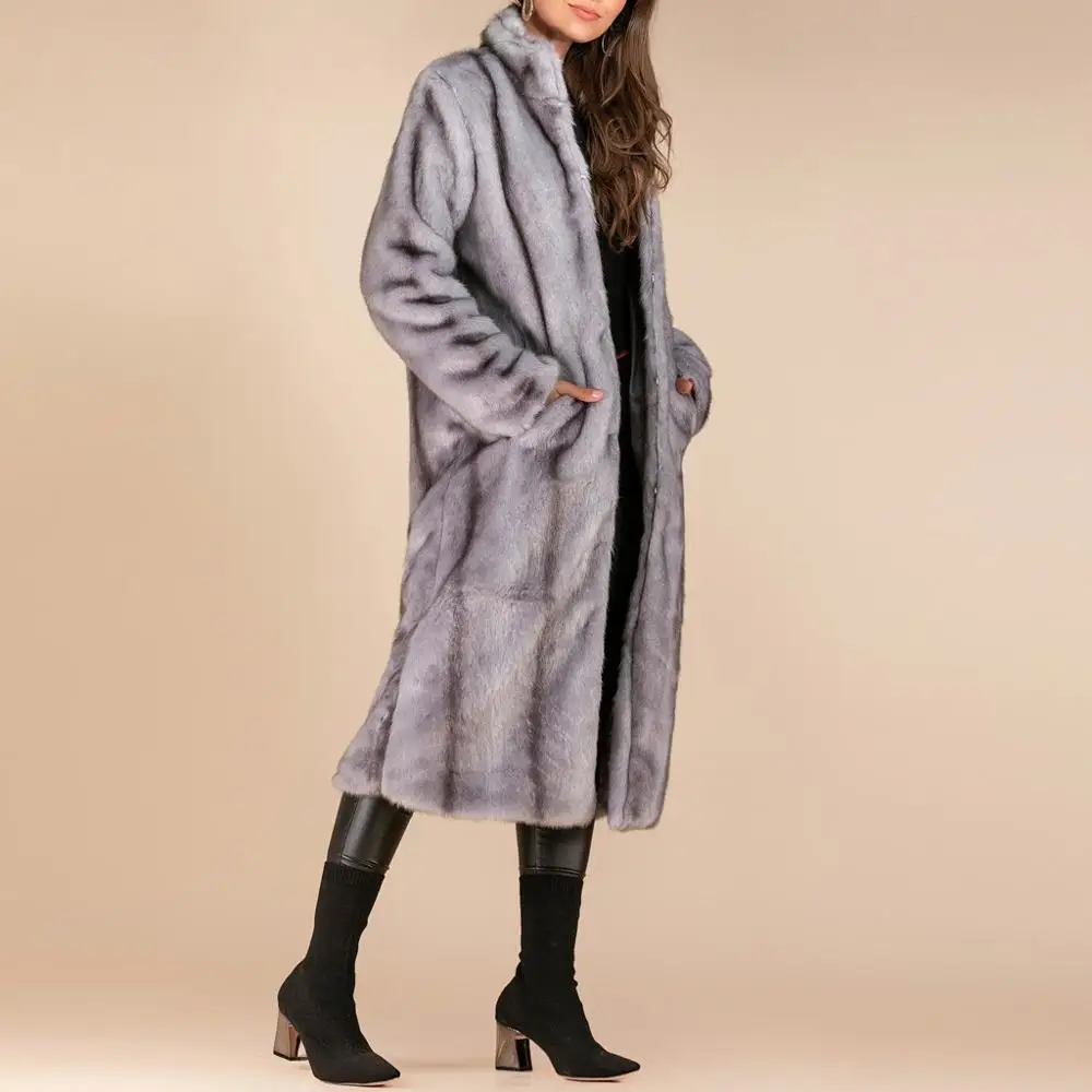 Женское зимнее теплое длинное пальто из искусственного меха, модное толстое пальто с карманами, женская одежда, меховое пальто, манто femme hiver gray