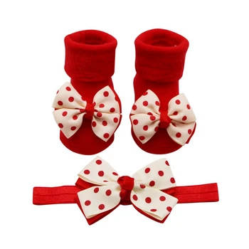 

Newborn Baby Dot Double Layer Bow Baby Cotton Socks Dispensing Non-slip Baby Socks + Hair Band 2pcs Sets Fashion Gifts 0-12M