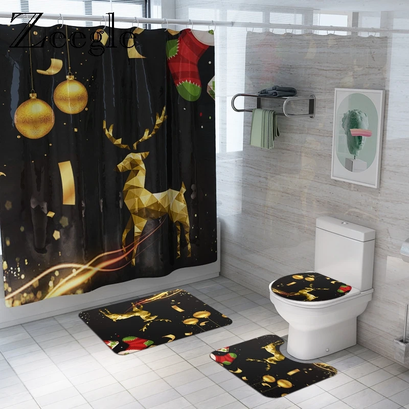 Zeegle Bath Mat and Shower Curtain Set Printed Christmas Reindeer Bathroom Carpet Toilet Cover Floor Rugs Anti Slip Mat Set