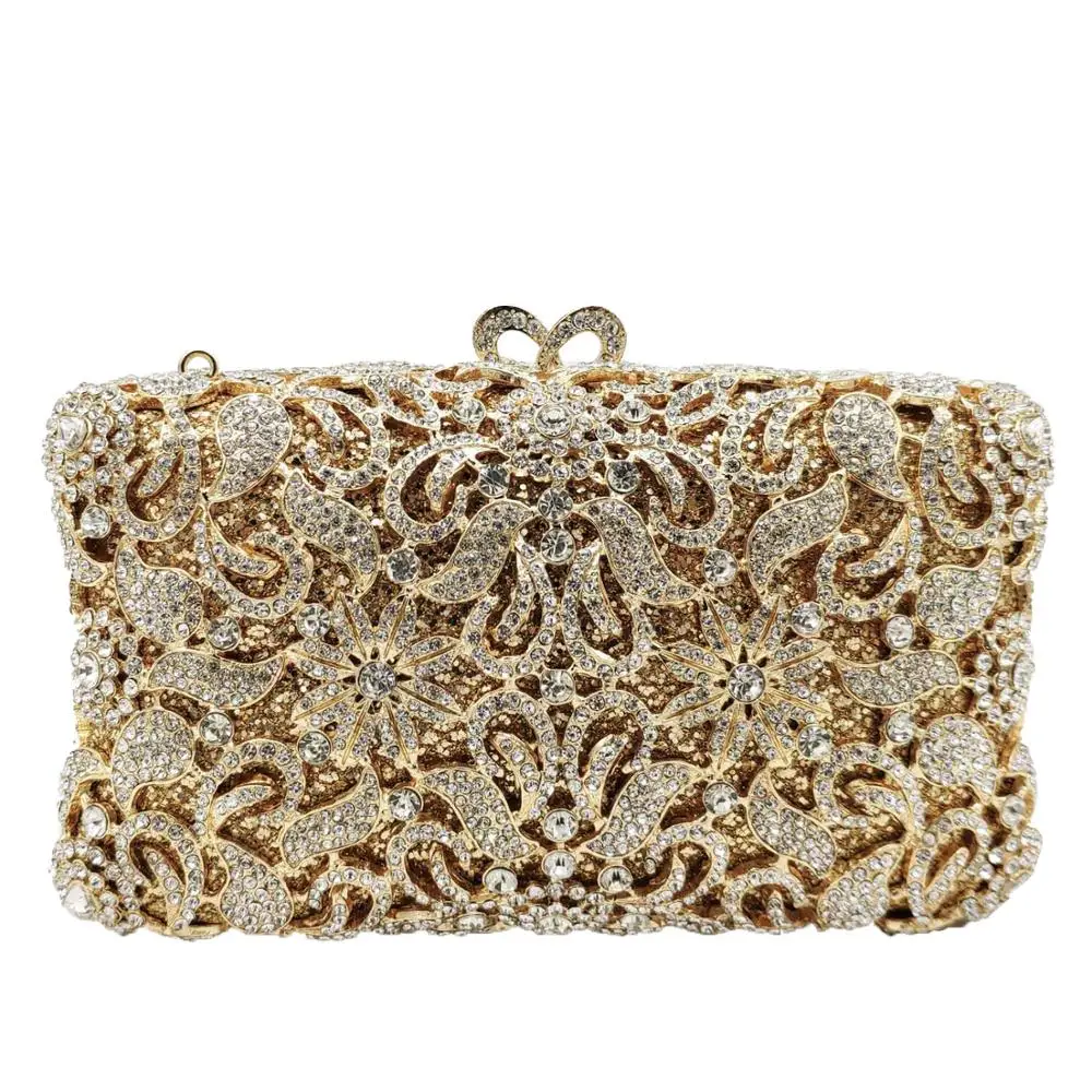 Boutique De FGG Elegant Flowr Women Gold Crystal Evening Purse and Handbag Bridal Diamond Clutch Minaudiere Wedding Party Bag