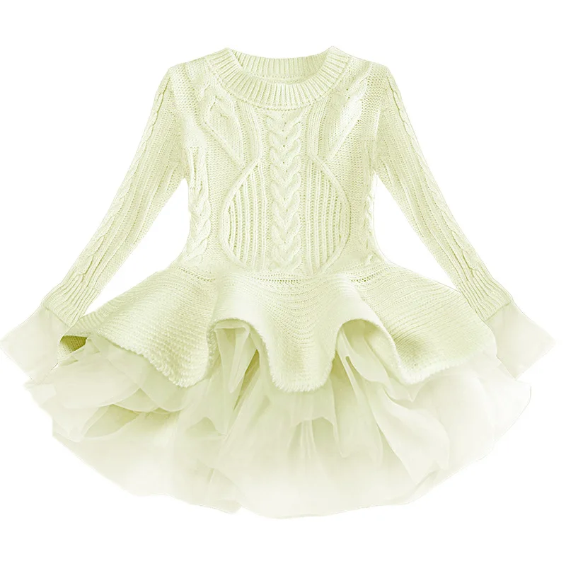 Vestidos/платье-пачка принцессы высокого качества; зимние платья-свитера для девочек; красивый теплый пуловер; вязаная верхняя одежда с кружевом; Размеры 3 T-7 t - Цвет: Бежевый