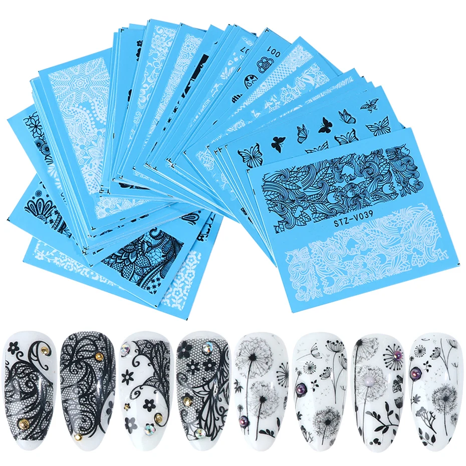 48 шт ногтей переводные наклейки-слайдеры смешанный дизайн кружева цветок мультфильм полный обертывание наклейка из фольги для ногтей маникюр TRSTZV001-048