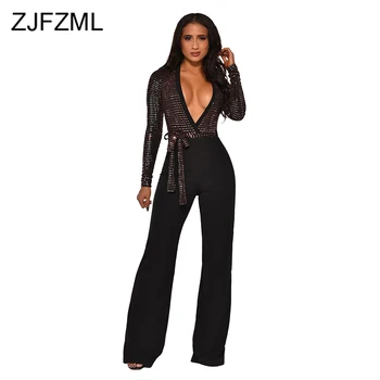 

Deep V Neck Sexy Sequin Romper Women Elegant Sashes Glitter Long Sleeve Bodysuit High Waist Plus Size Party Night Club Jumpsuit