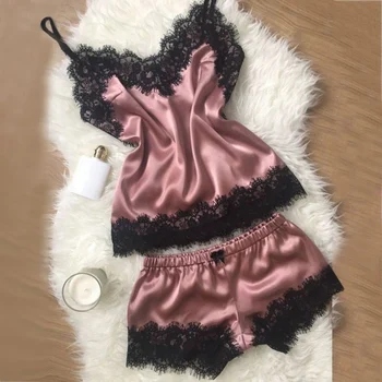 

Plus Size Sexy Lace Women Nightwear Simulation Silk Strapless Cami Shorts Pajamas Suit Plus Size Solid Lingerie Sleepwear New