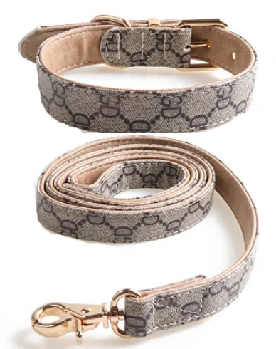 Khaki Collar Leash Ошейник для собак, Классический Простой ошейник, поводок из искусственной кожи, качественное позолоченное изделие для домашних животных для маленьких собак - Цвет: Khaki Collar Leash