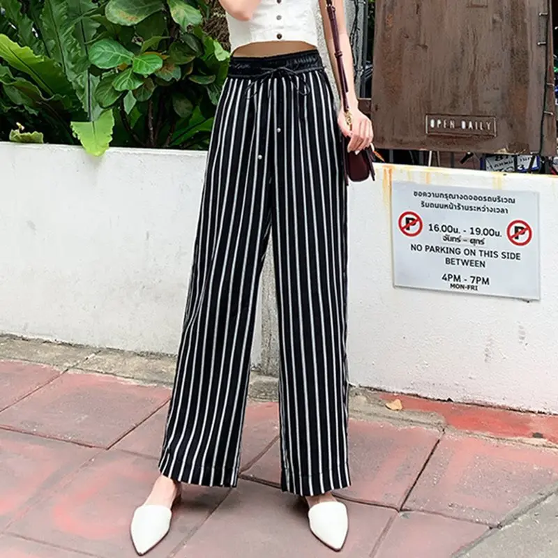 

Summer Wide Leg Pants Women Elegant Black Striped High Waist Loose Trousers Korean Style 2019 Autumn Office Ladies Causal Pants