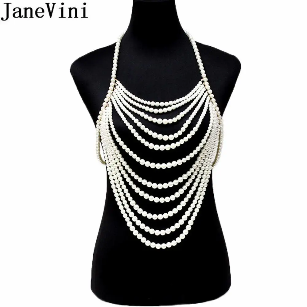 

JaneVini Vintage Imitation Pearls Bridal Necklace White Bride Beach Wedding Women Necklaces Shoulder Chain Party Accessories