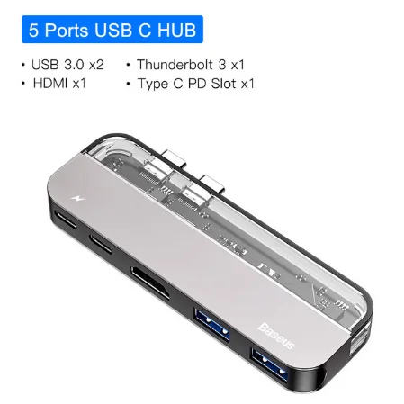 Baseus Thunderbolt 3 Dock USB Type C to HDMI HUB Adapter for MacBook Samsung Dex Galaxy S10/S9 USB-C Converter Thunderbolt HDMI - Color: Gary 5 in 1 USB HUB