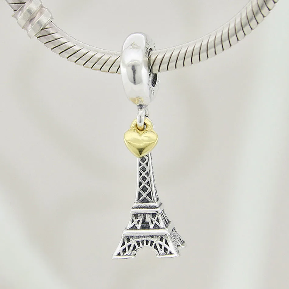 Оригинальные Парижские Эйфелева башня и золотые бусины, подвески в виде сердца, подходят для бусины из стерлингового серебра 925, очаровательный браслет Пандора, ювелирные изделия Diy