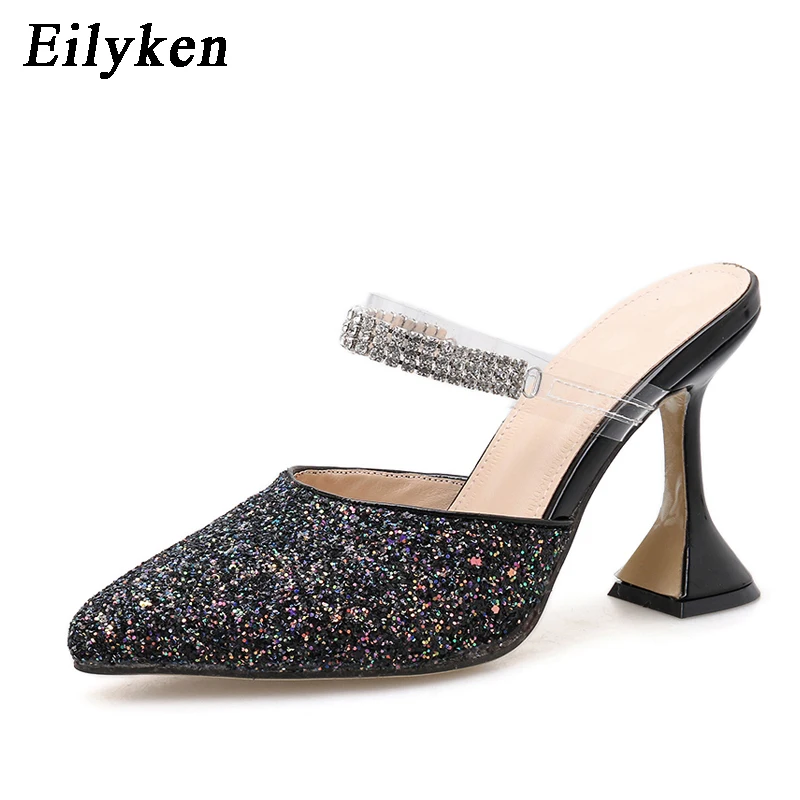 Black Eilyken/ дизайн; блестящие шлёпанцы; женские туфли-лодочки на необычном каблуке; пикантные туфли с острым носком; прозрачные стразы; шлепанцы на ремешке; модельные туфли - Цвет: Black
